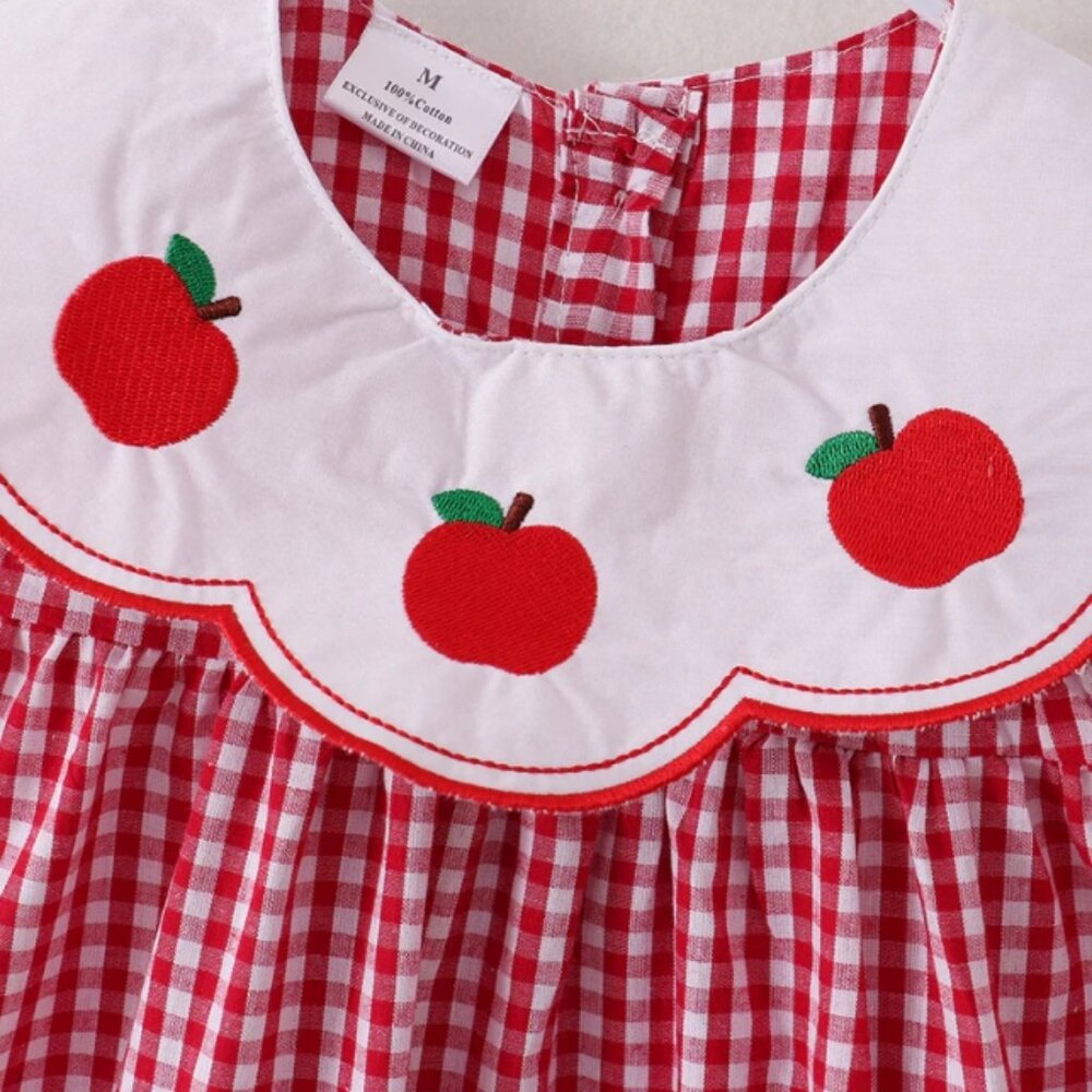 Boutique Back to School Apple Embroidered Red Plaid Dress - Picture 2 of 6